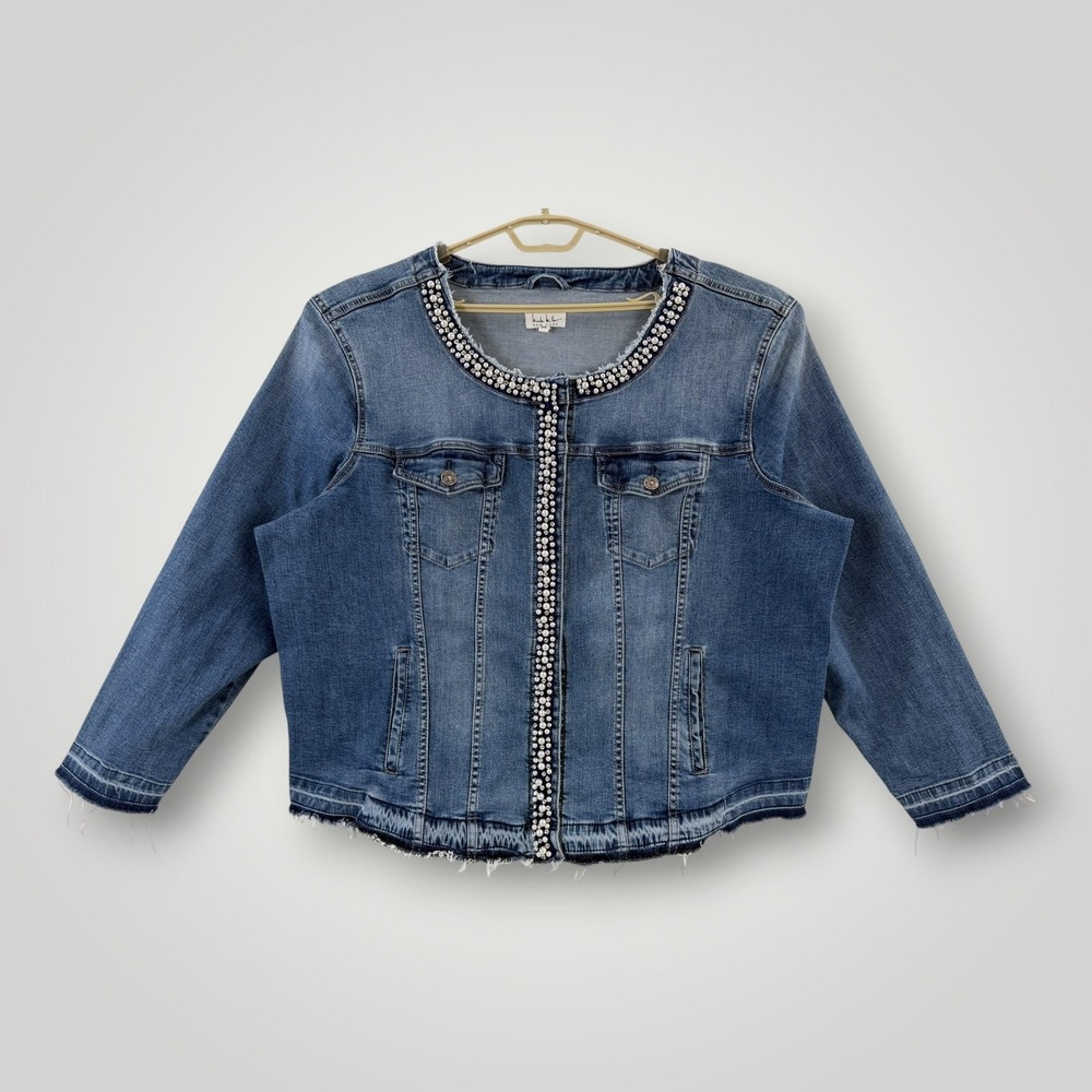 Nicole Miller Denim Jacket Womens‎ 3X Pearl Rhinestone Fringe Trim